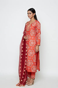 Kamal Rust Embroidered Heavy Kurta, Pants And Dupatta