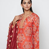 Kamal Rust Embroidered Heavy Kurta, Pants And Dupatta