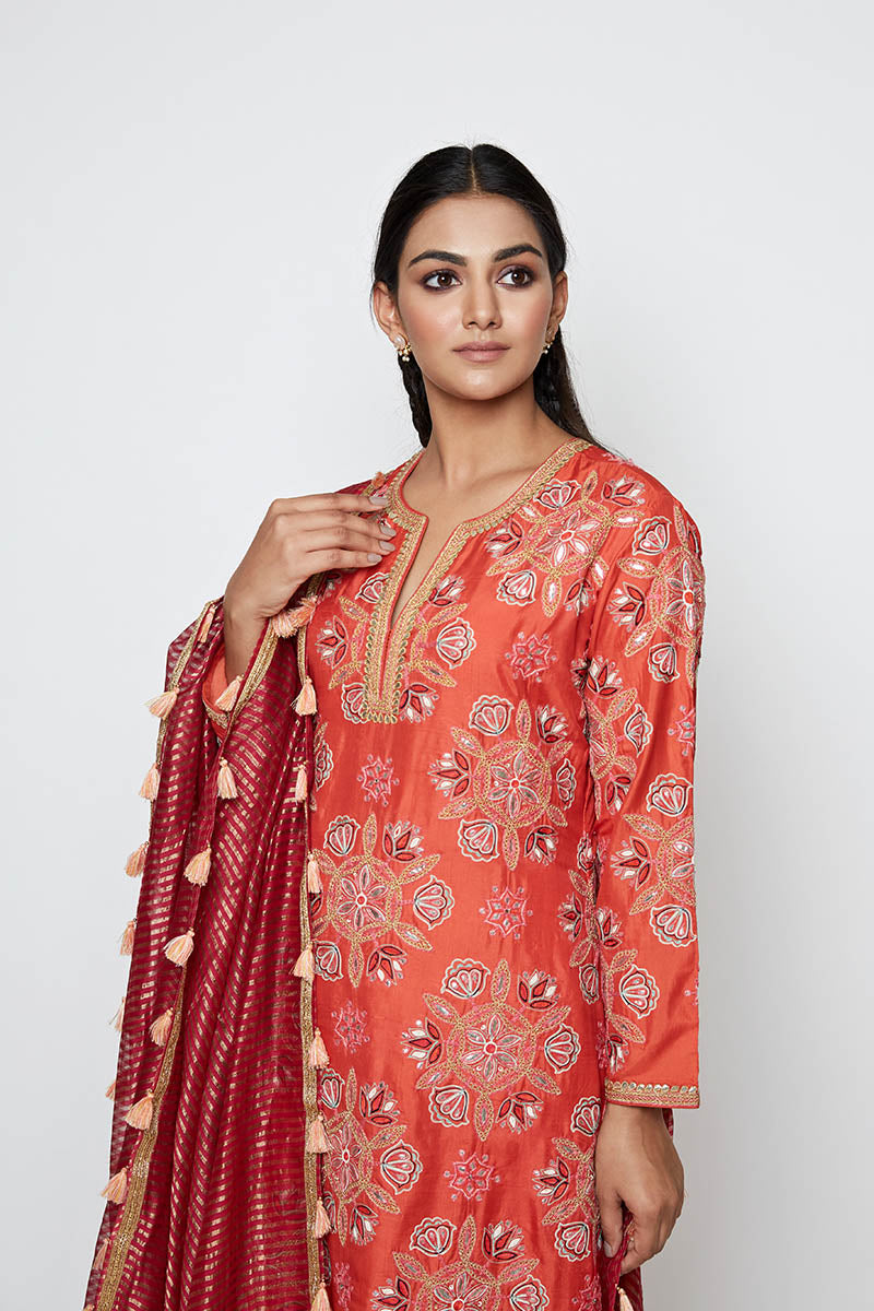 Kamal Rust Embroidered Heavy Kurta, Pants And Dupatta