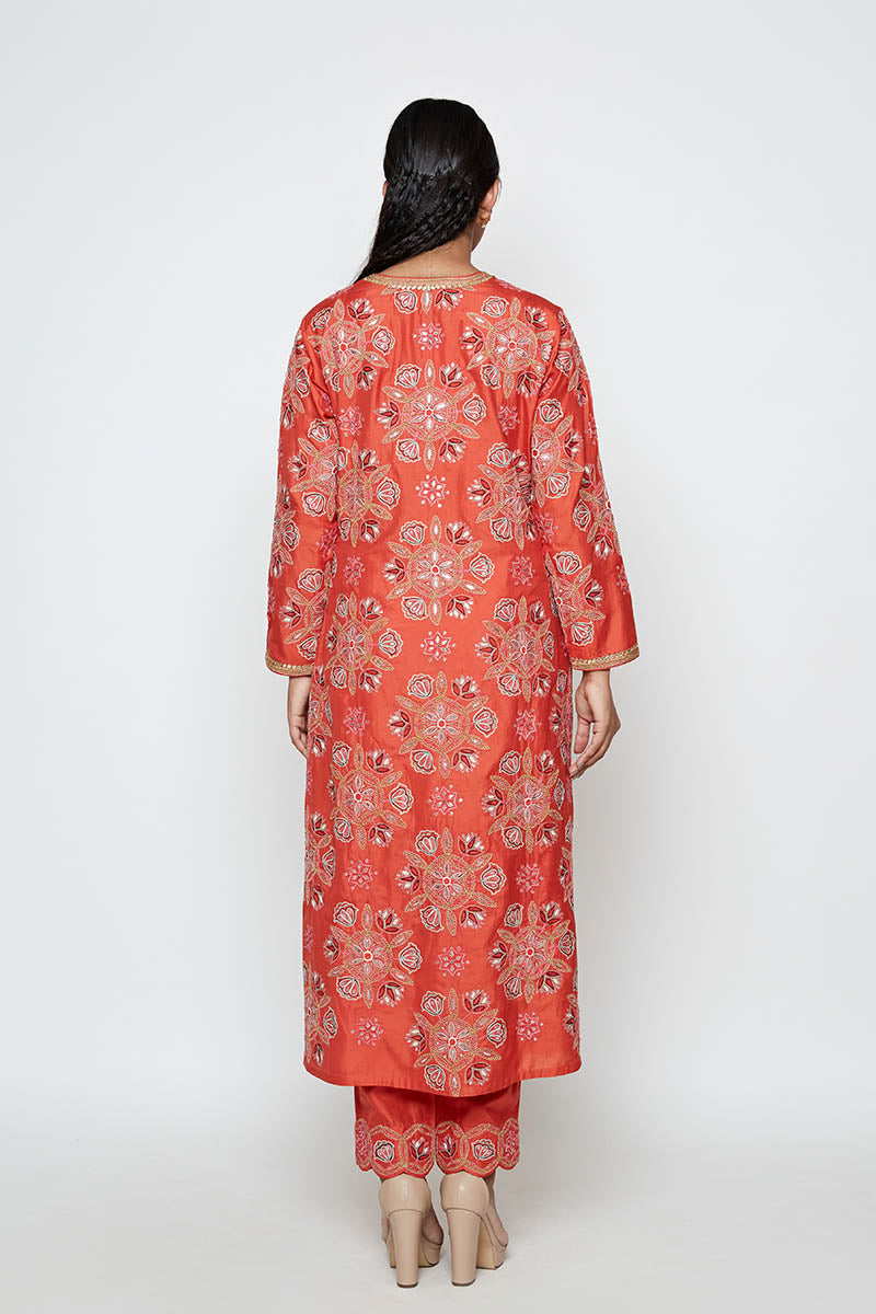 Kamal Rust Embroidered Heavy Kurta, Pants And Dupatta