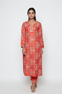 Kamal Rust Embroidered Heavy Kurta, Pants And Dupatta