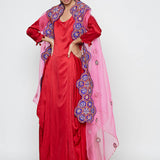 Morbagh Red Dhoti Dress With Pink Embroidered Cape