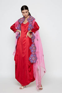 Morbagh Red Dhoti Dress With Pink Embroidered Cape
