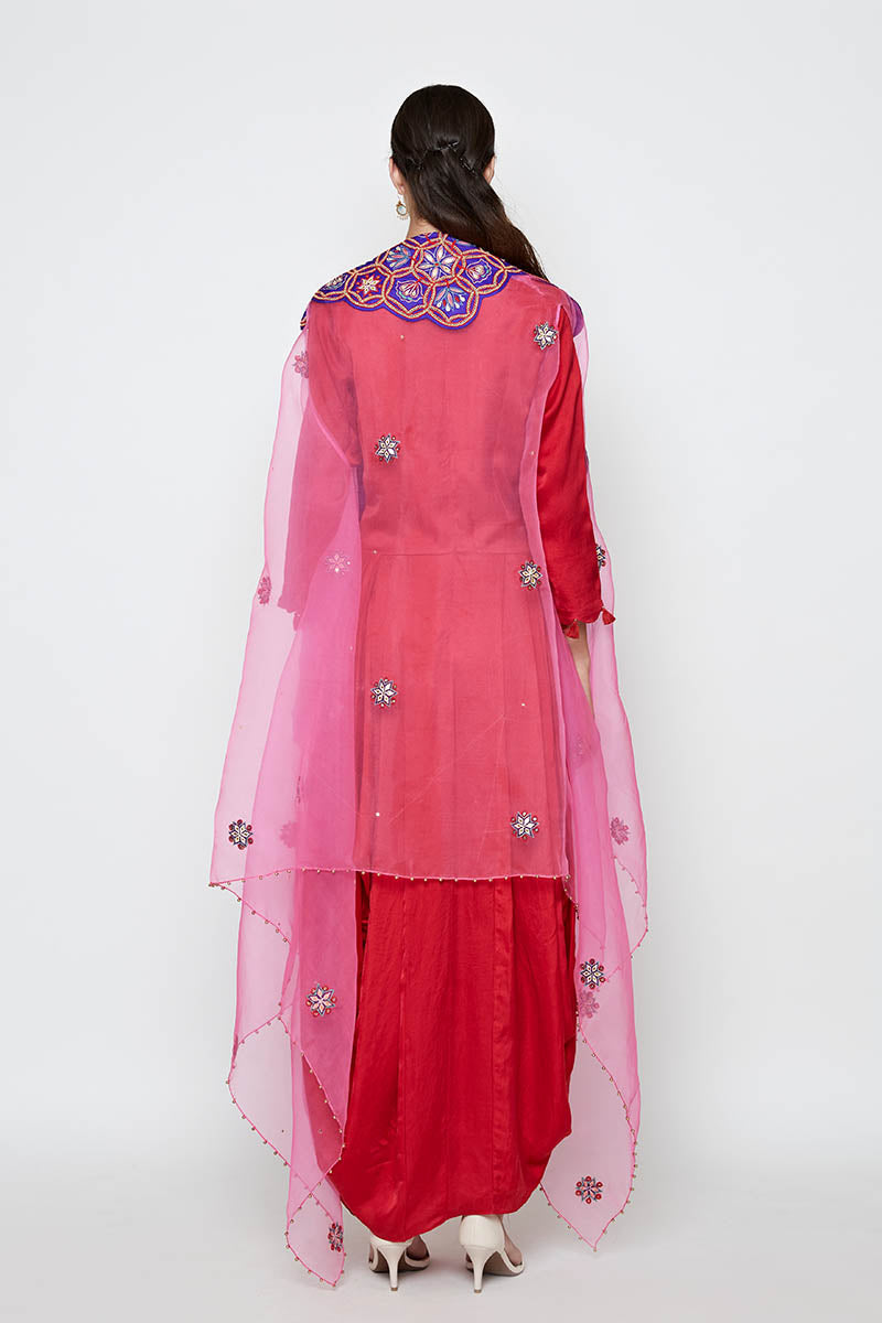 Morbagh Red Dhoti Dress With Pink Embroidered Cape