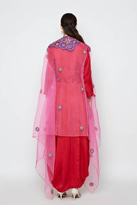 Morbagh Red Dhoti Dress With Pink Embroidered Cape