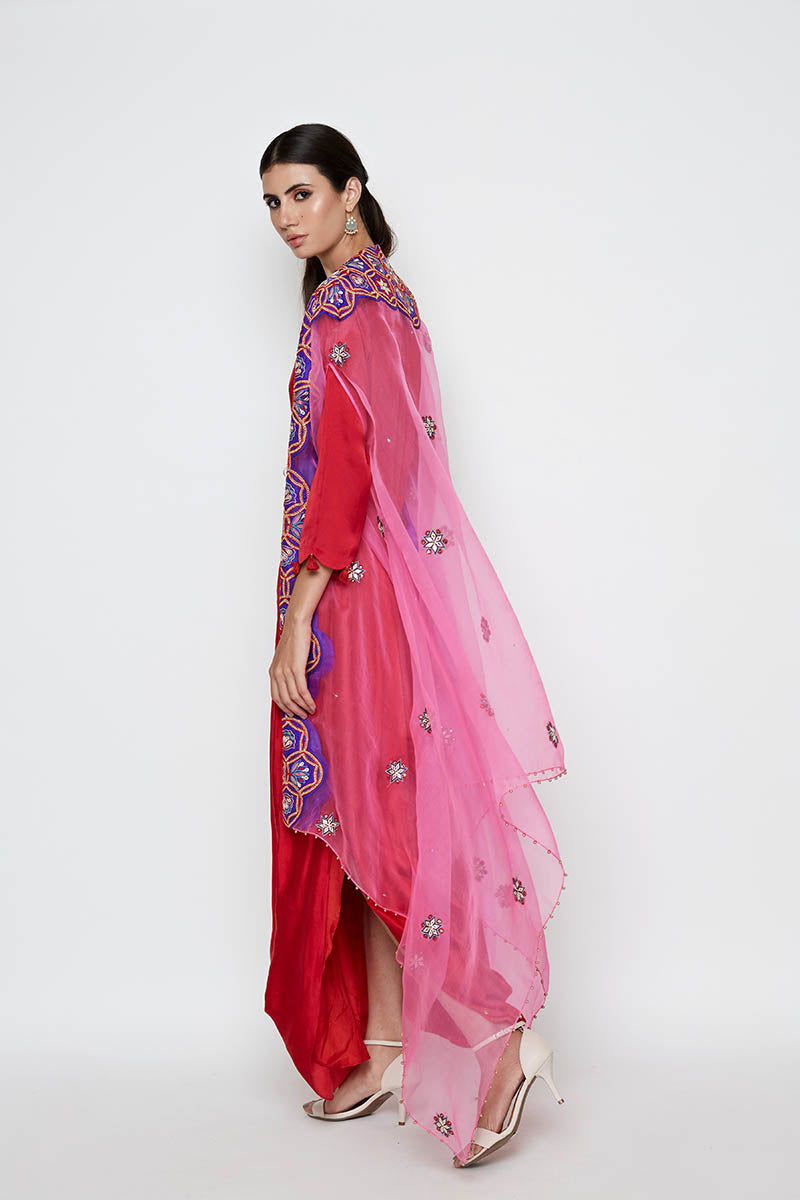 Morbagh Red Dhoti Dress With Pink Embroidered Cape