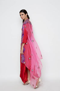 Morbagh Red Dhoti Dress With Pink Embroidered Cape