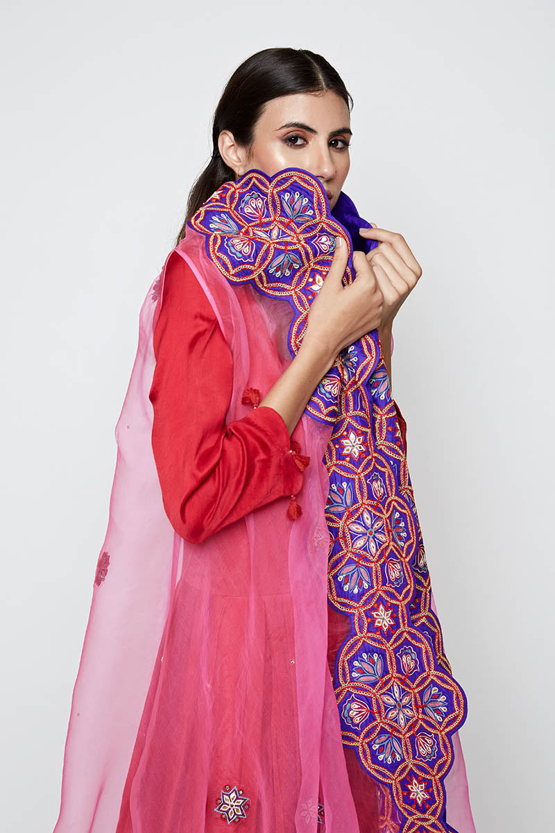 Morbagh Red Dhoti Dress With Pink Embroidered Cape