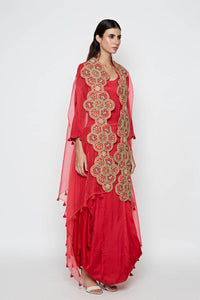 Morbagh Red Dhoti Dress With Red Embroidered Cape