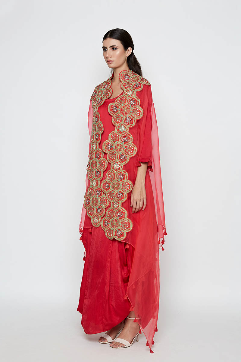 Morbagh Red Dhoti Dress With Red Embroidered Cape