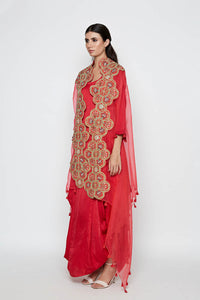 Morbagh Red Dhoti Dress With Red Embroidered Cape