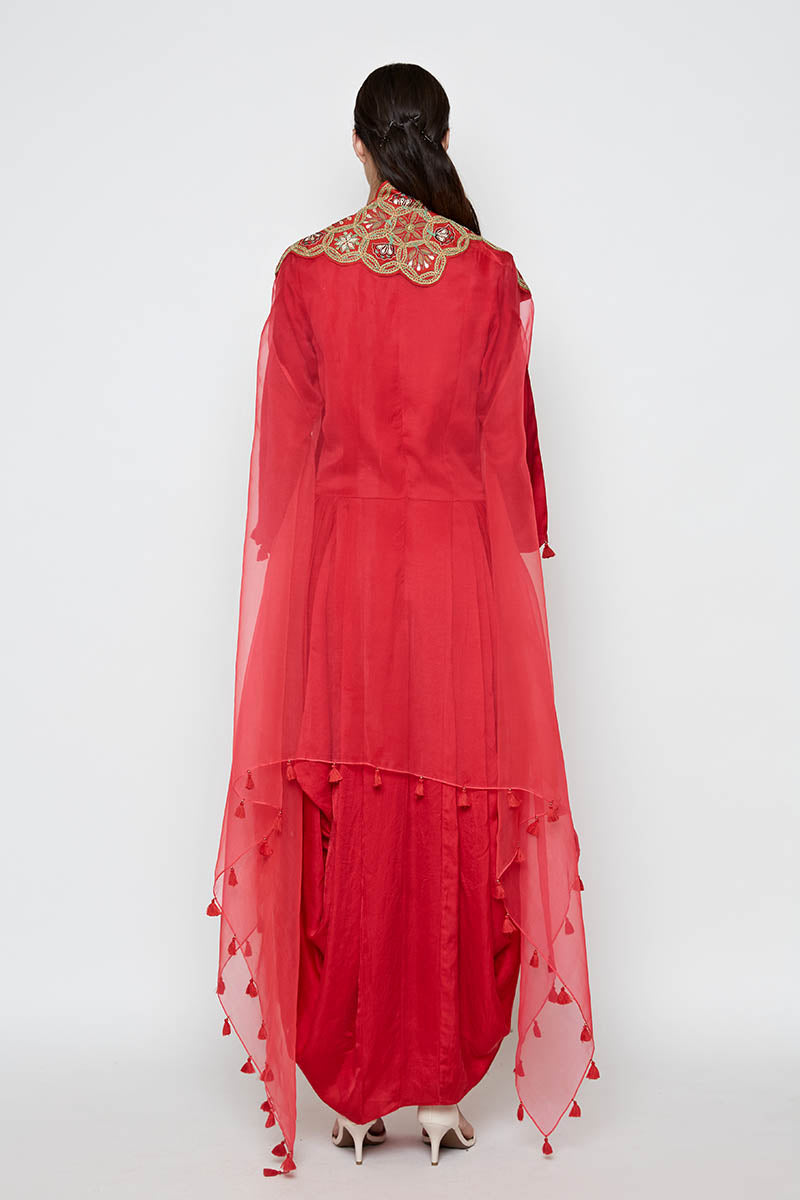 Morbagh Red Dhoti Dress With Red Embroidered Cape