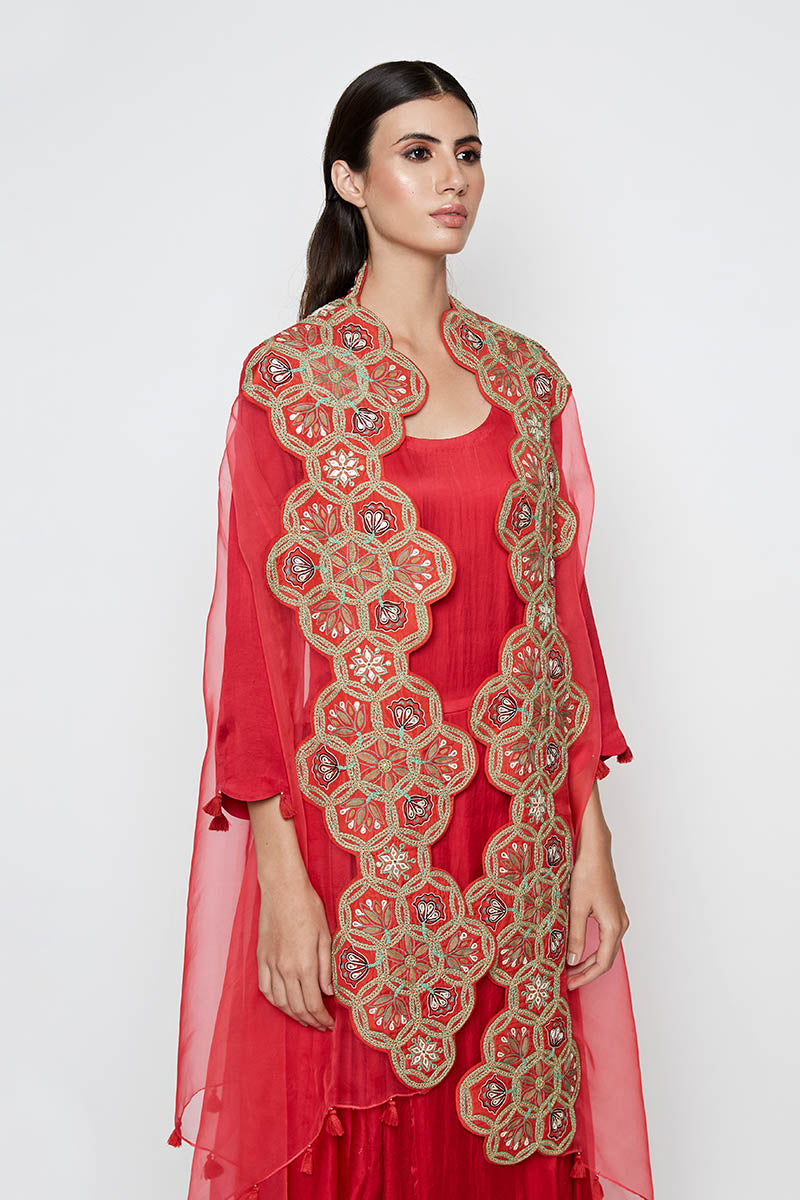 Morbagh Red Dhoti Dress With Red Embroidered Cape