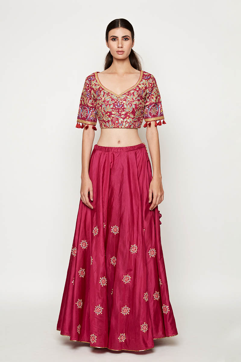 Magenta Embroidered Lehenga With Blouse And Dupatta
