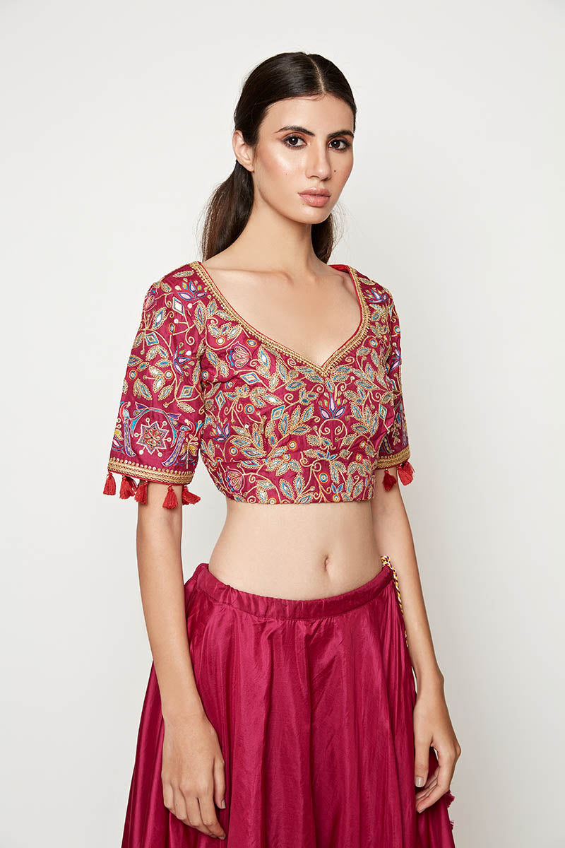 Magenta Embroidered Lehenga With Blouse And Dupatta