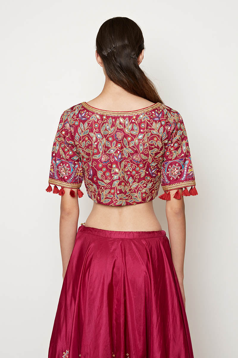 Magenta Embroidered Lehenga With Blouse And Dupatta