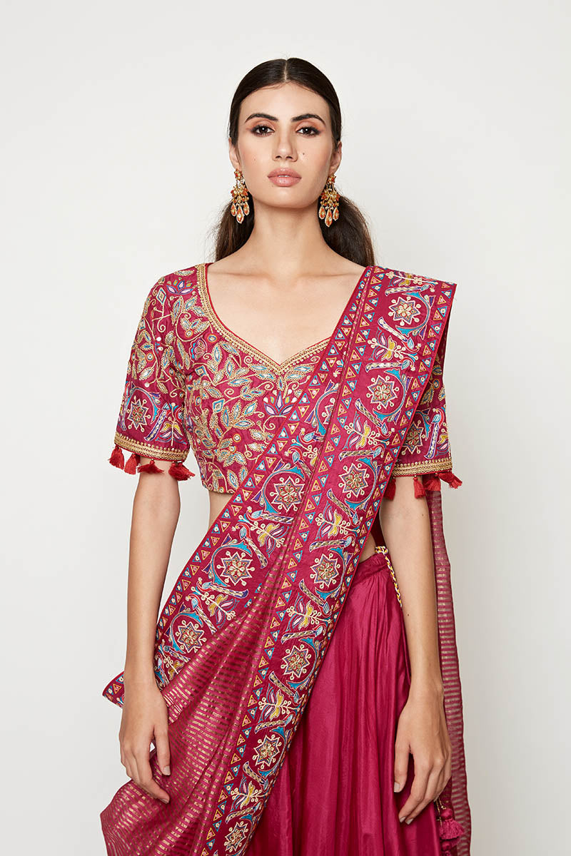 Magenta Embroidered Lehenga With Blouse And Dupatta