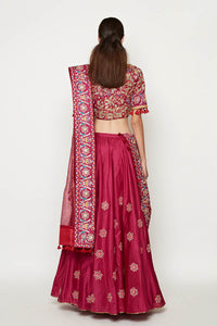 Magenta Embroidered Lehenga With Blouse And Dupatta
