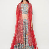 Morbagh Grey Embroidered Lehenga Crop Top With Pink Cape