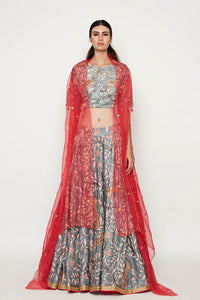 Morbagh Grey Embroidered Lehenga Crop Top With Pink Cape