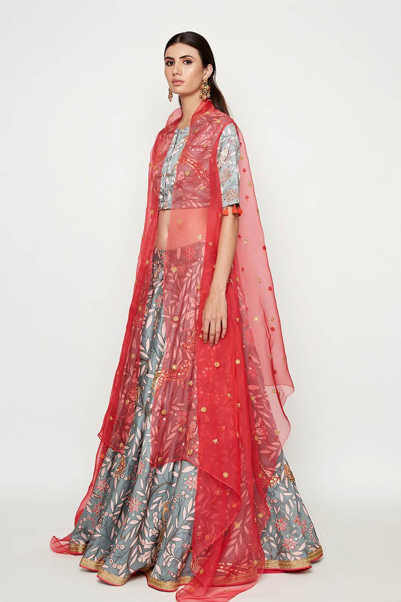 Morbagh Grey Embroidered Lehenga Crop Top With Pink Cape