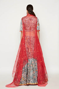 Morbagh Grey Embroidered Lehenga Crop Top With Pink Cape