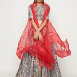 Morbagh Grey Embroidered Lehenga Crop Top With Pink Cape