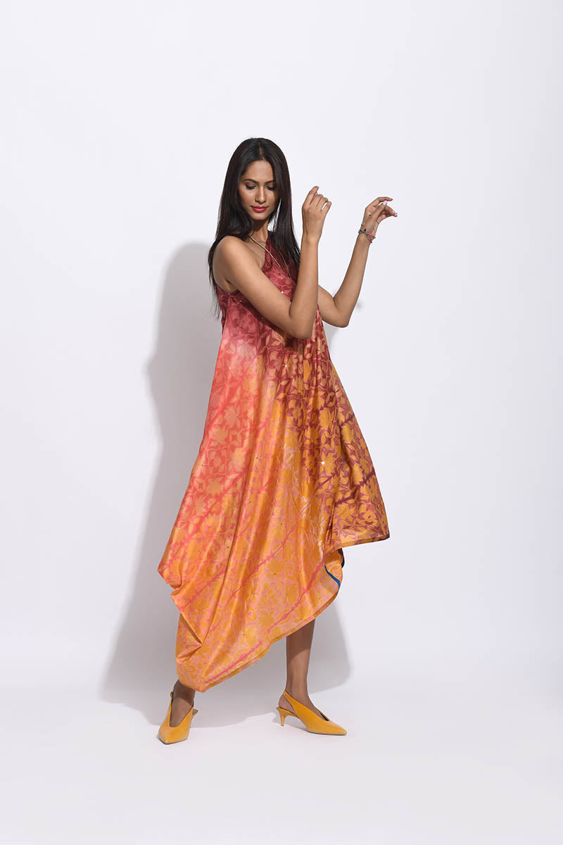 Ombre Brown Teal silk Shibori Dress