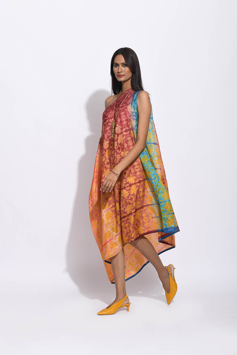 Ombre Brown Teal silk Shibori Dress