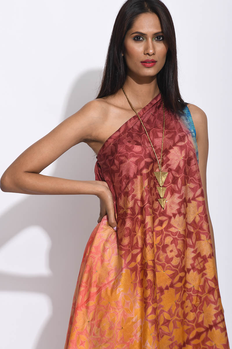 Ombre Brown Teal silk Shibori Dress