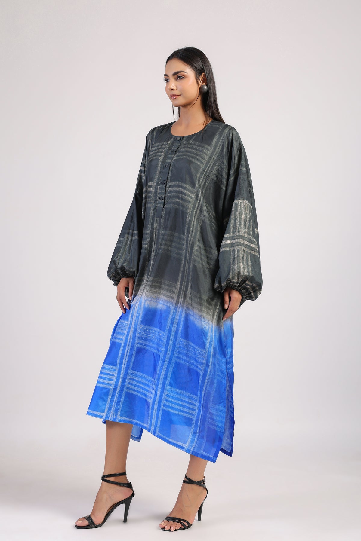 Black Blue Geometric Ombre Shibori Kaftan & Dress