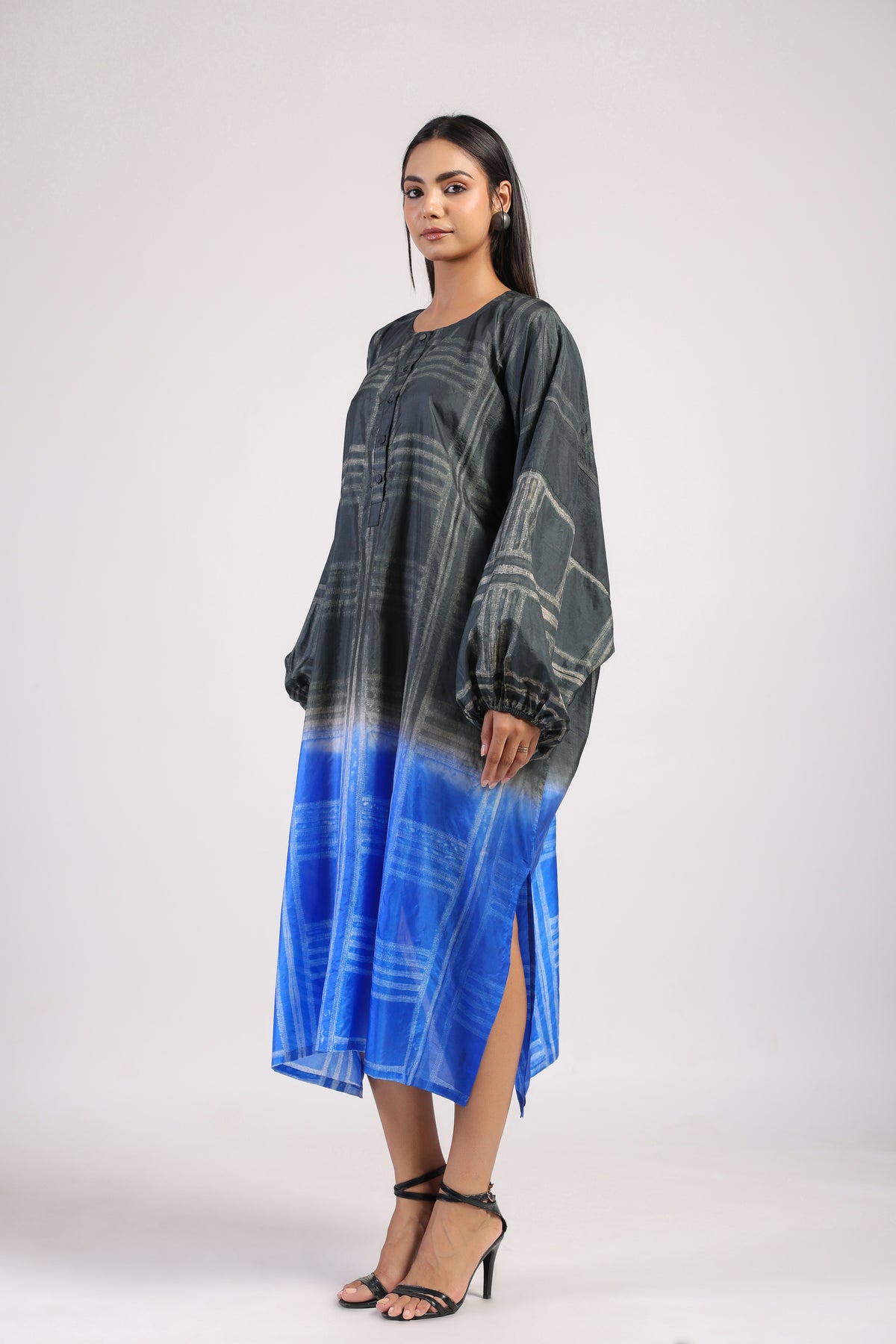 Black Blue Geometric Ombre Shibori Kaftan & Dress