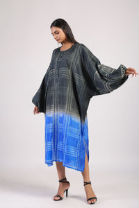 Black Blue Geometric Ombre Shibori Kaftan & Dress