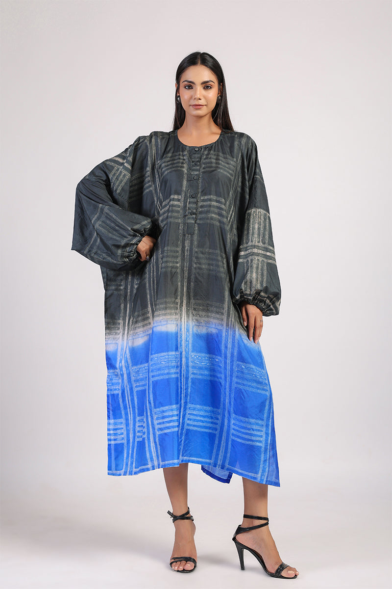 Black Blue Geometric Ombre Shibori Kaftan & Dress