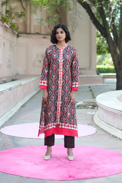 Mocha Printed Embroidered Chintz Gauri Kurta set