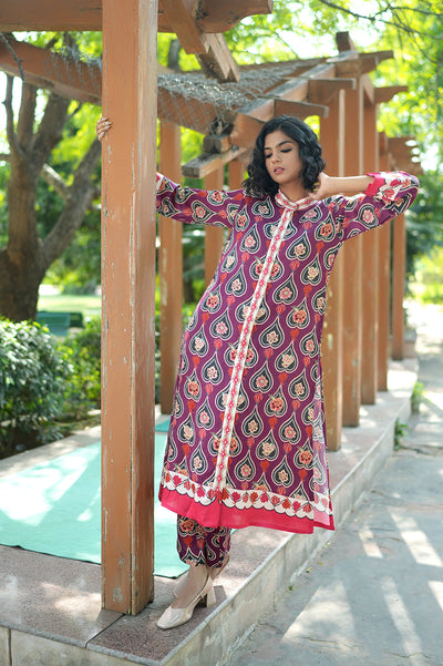 Plum Printed Embroidered Chintz Gauri Kurta set