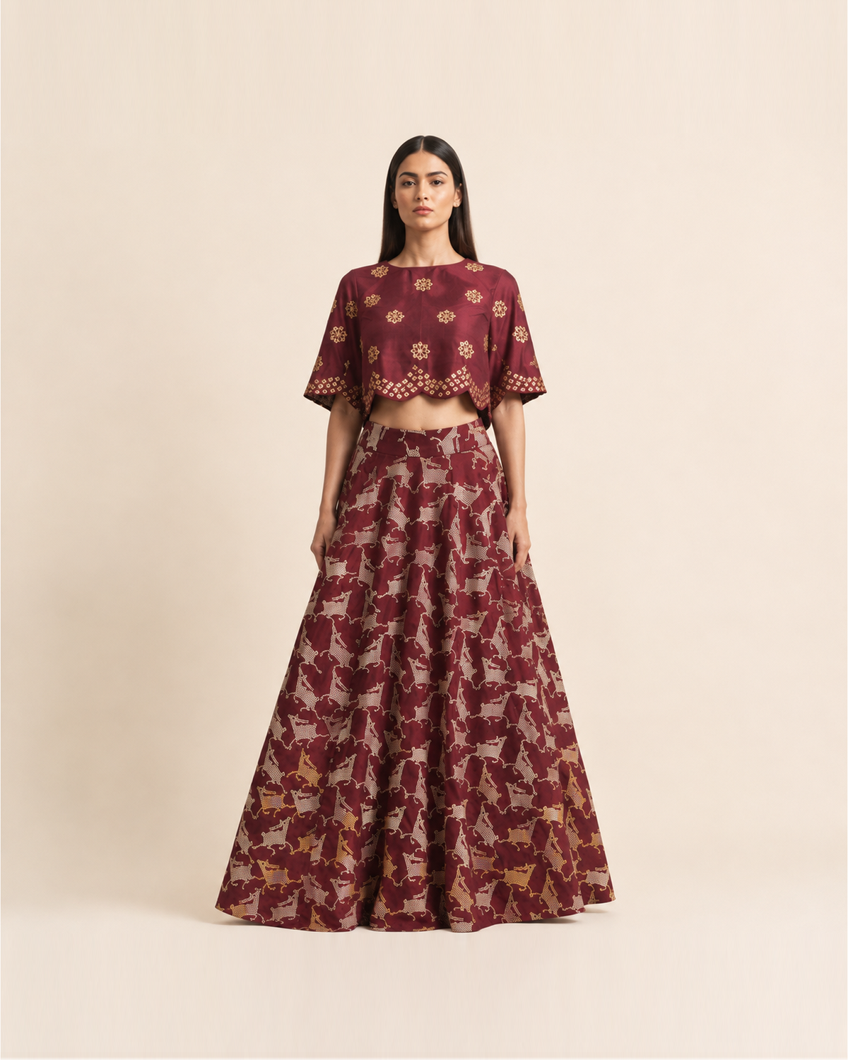 Bundi Printed Embrodiered Maroon Zaal Lehenga Set