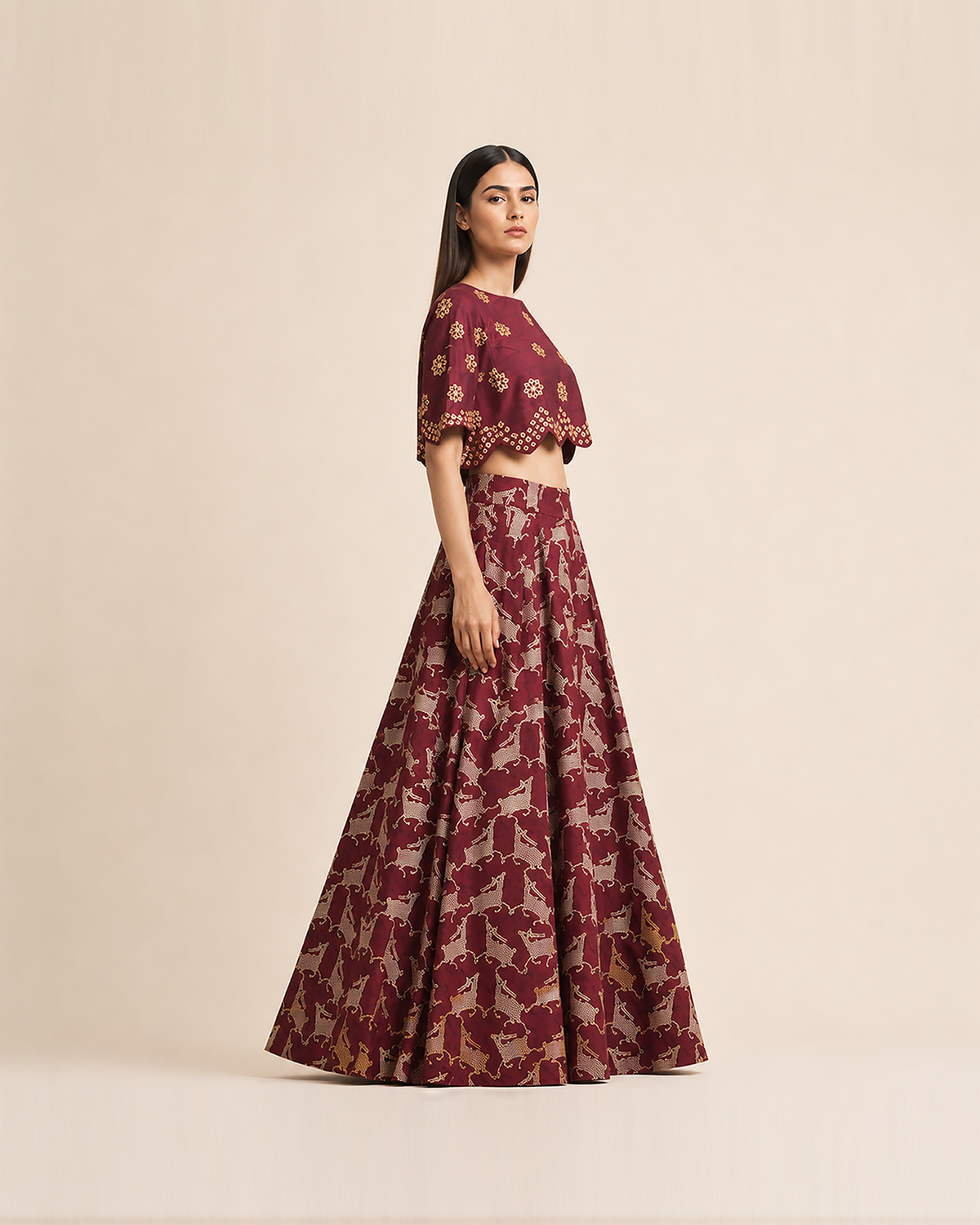 Bundi Printed Embrodiered Maroon Zaal Lehenga Set