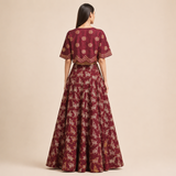 Bundi Printed Embrodiered Maroon Zaal Lehenga Set