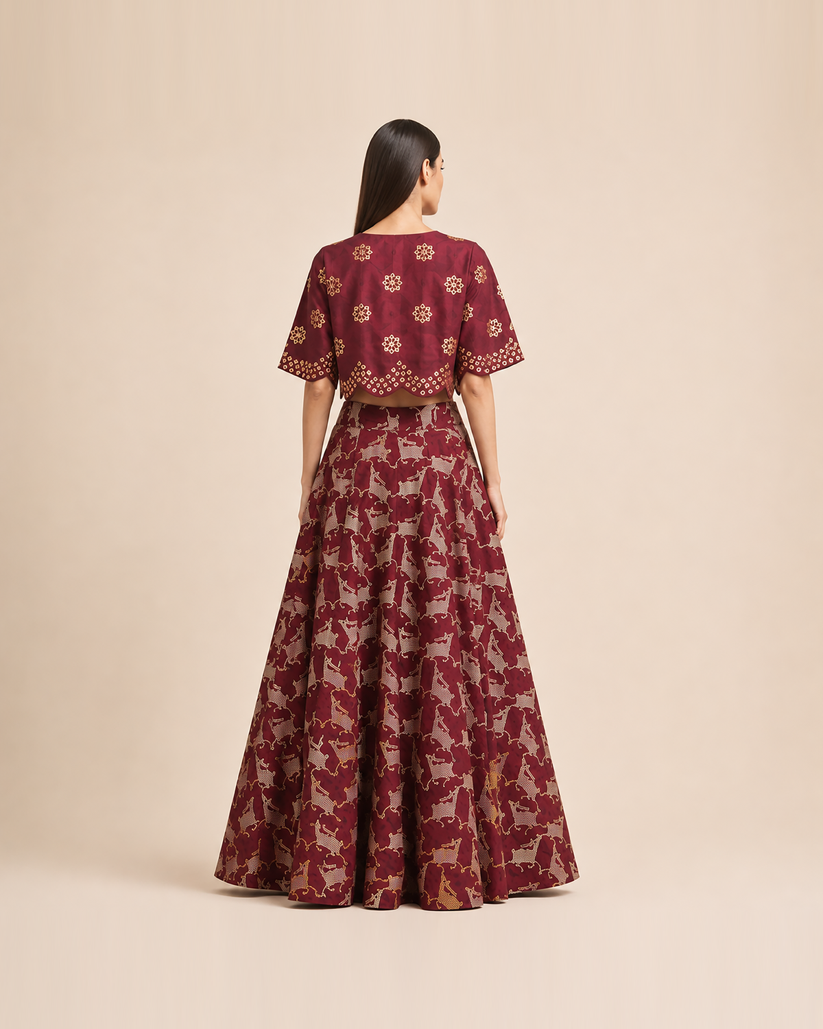 Bundi Printed Embrodiered Maroon Zaal Lehenga Set