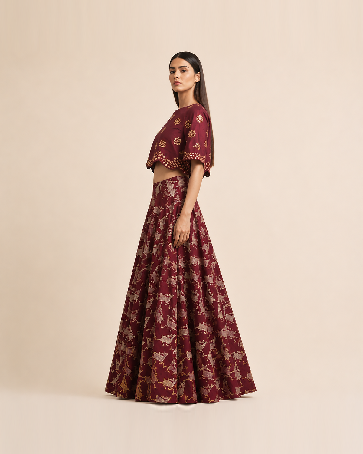 Bundi Printed Embrodiered Maroon Zaal Lehenga Set
