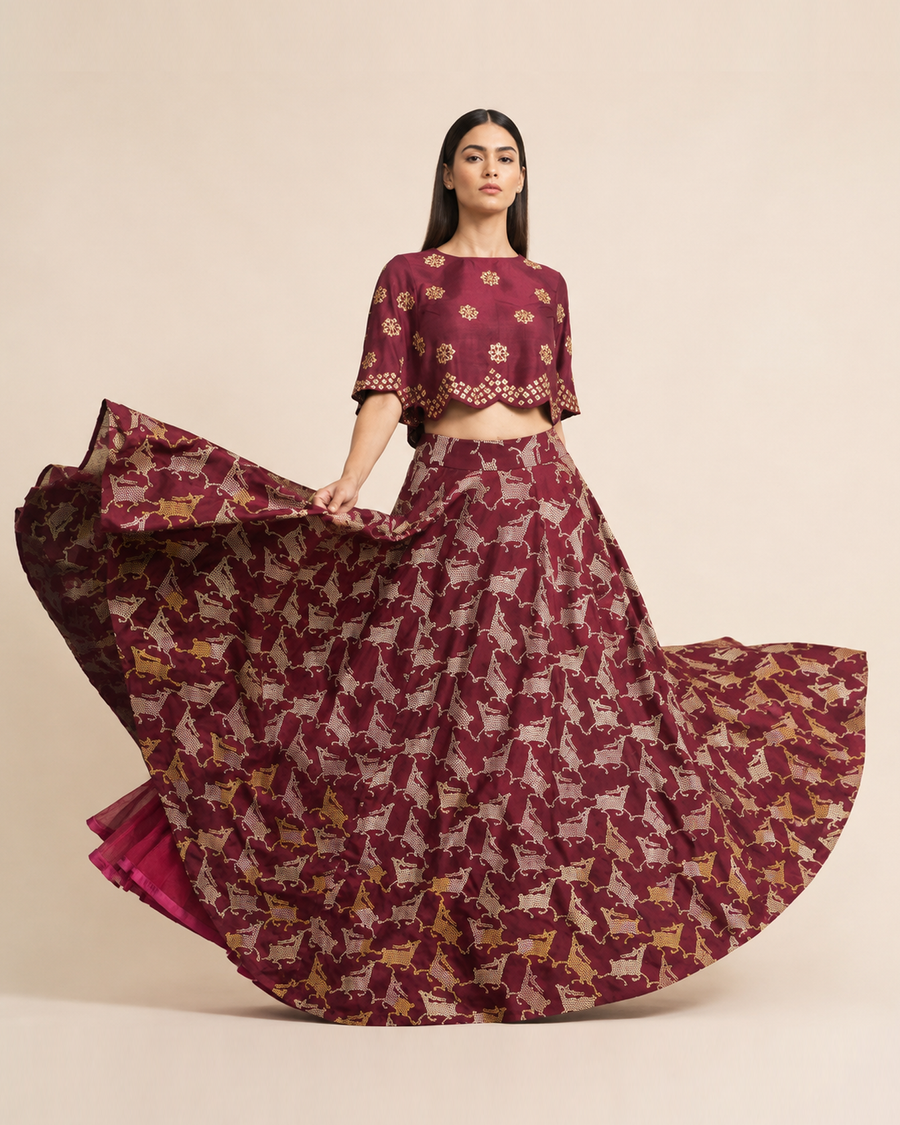 Bundi Printed Embrodiered Maroon Zaal Lehenga Set