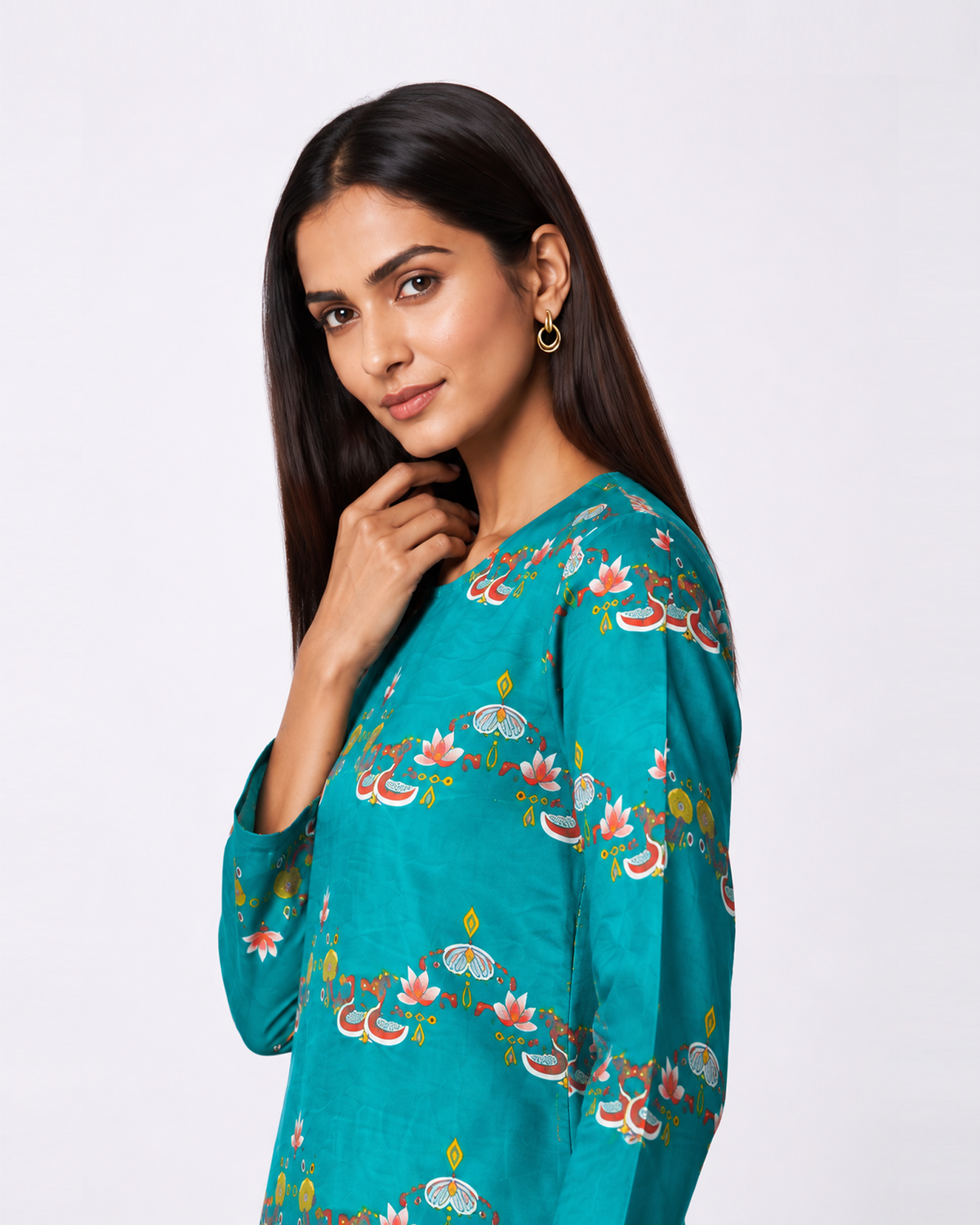 Bundi Dark Teal Printed Scallop Kurta
