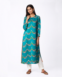 Bundi Dark Teal Printed Scallop Kurta