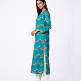 Bundi Dark Teal Printed Scallop Kurta