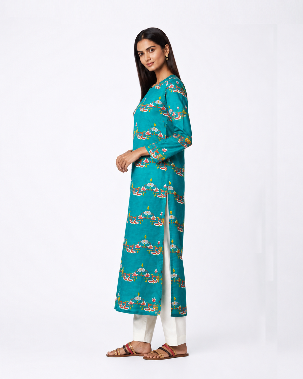 Bundi Dark Teal Printed Scallop Kurta