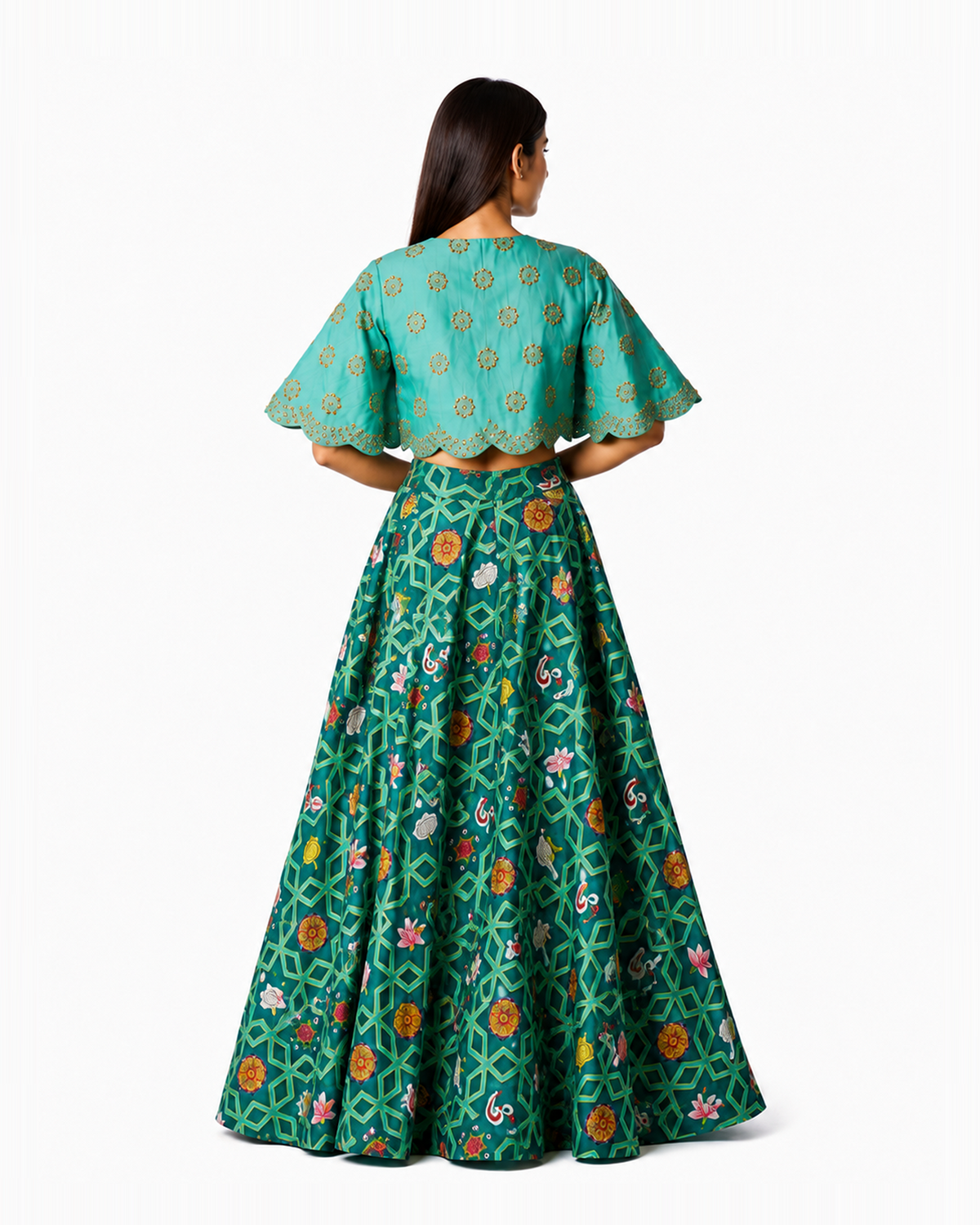 Bundi Printed Embrodiered Teal Zaal Lehenga Set
