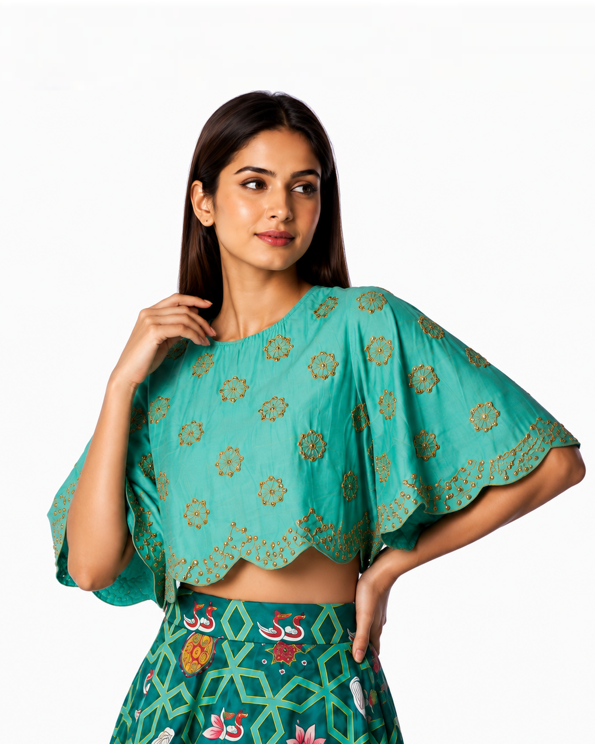 Bundi Printed Embrodiered Teal Zaal Lehenga Set