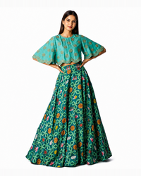 Bundi Printed Embrodiered Teal Zaal Lehenga Set