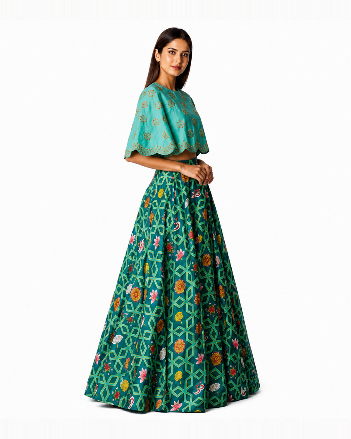 Bundi Printed Embrodiered Teal Zaal Lehenga Set